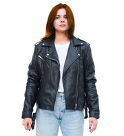 Lina Genuine Leather Biker Jacket For Women Zipper Closure Black