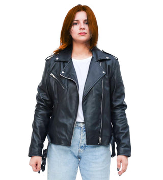 Lina Genuine Leather Biker Jacket For Women Zipper Closure Black