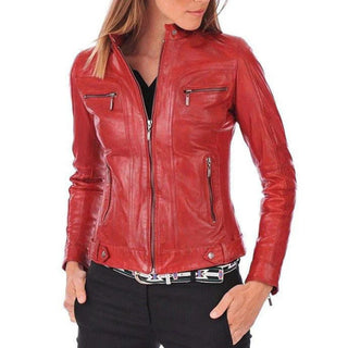 Elvan Aniline Leather Biker Jacket with Stand Collar Red