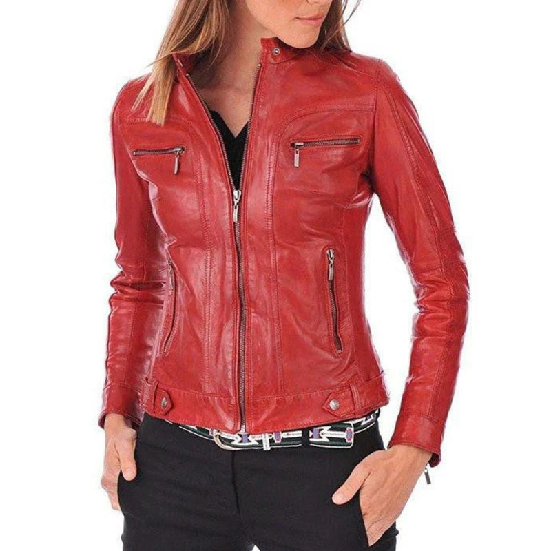 Elvan Aniline Leather Biker Jacket with Stand Collar Red
