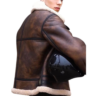 Mert Bomber Leather Jacket with Sherpa Lining and Zipper Closure Brown