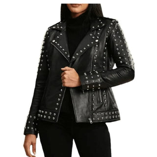 Esin Studded Biker Leather Jacket with Lapel Collar Black