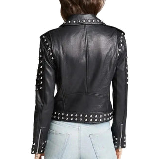 Defne Studded Biker Leather Jacket with Lapel Collar for Women Black