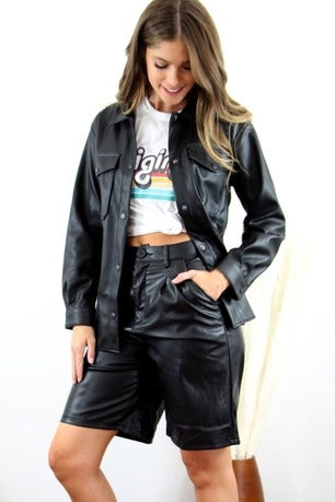 Ella Women's Real Leather Pleated Detail High Waisted Shorts Black