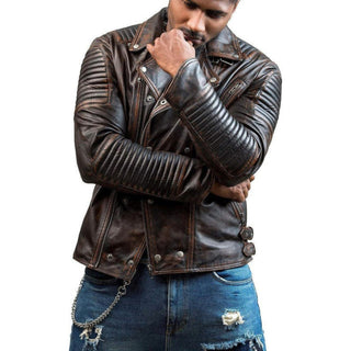 Aydin Lapel Zipper Leather Biker Jacket Brown