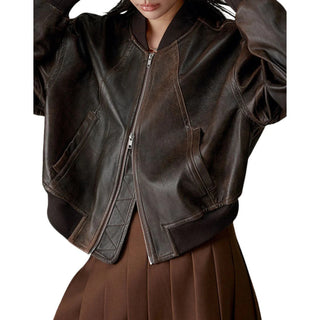 Alara Zipper Leather Bomber Jacket for Women Vintage Brown