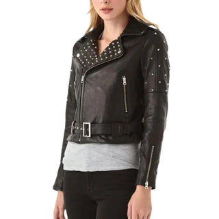 Mira Studded Biker Leather Jacket for Women with Lapel Collar Black