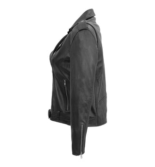 Lina  Genuine Leather Biker Jacket For Women Zipper Closure Black