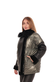 Genuine Lamb Leather Fox Fur Down Coat Olive