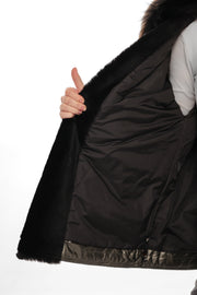 Genuine Lamb Leather Fox Fur Down Coat Olive