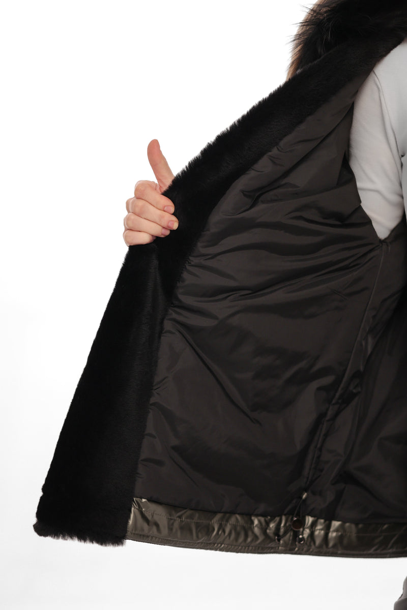 Genuine Lamb Leather Fox Fur Down Coat Olive