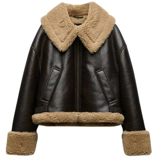 Ece Faux Shearling Bomber Leather Jacket for Women B3 Brown