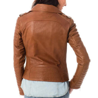 Beyza Women's Zipper Leather Biker Jacket Tan