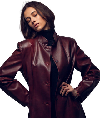 Kasper Women's Genuine Leather Long Coat Burgundy