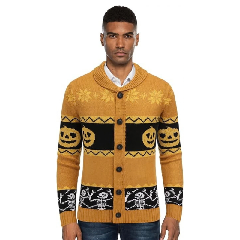 Men's Halloween Pumpkin Snowflake Cardigan Sweater