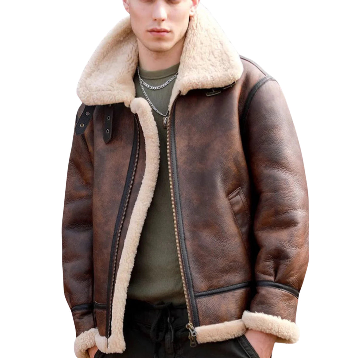 Mert Bomber Leather Jacket with Sherpa Lining and Zipper Closure Brown