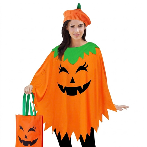 Women's Pumpkin Poncho Halloween Costume Set