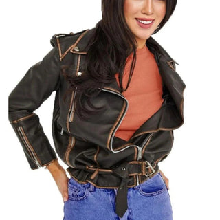 Belinay Women's Lapel Biker Leather Jacket Vintage Brown