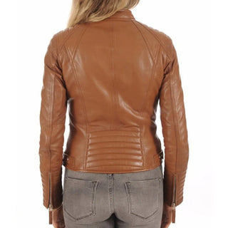 Ceylan Stand Collar Leather Biker Jacket Tan