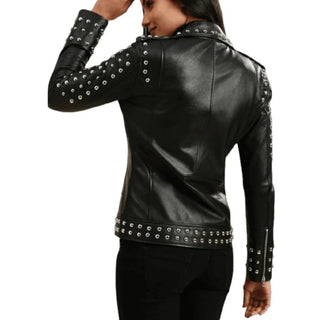 Esin Studded Biker Leather Jacket with Lapel Collar Black