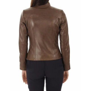 Melda Zipper Leather Biker Jacket with Collar Stand Brown