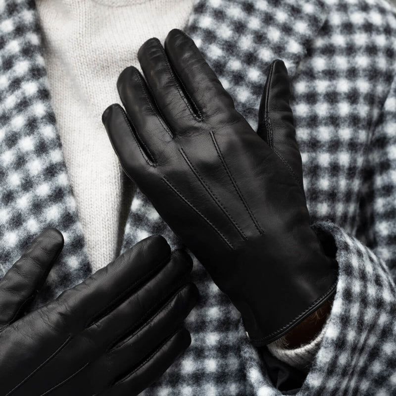 Francesca (black) - Lambskin leather gloves with brown rabbit fur lining