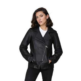 Freya Women's Real Leather Cross Zip Biker Jacket Black