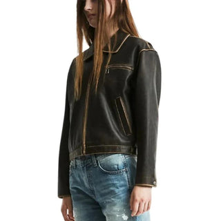 Ceren Classic Zipper with Aniline Biker Leather Jacket Vintage Brown.