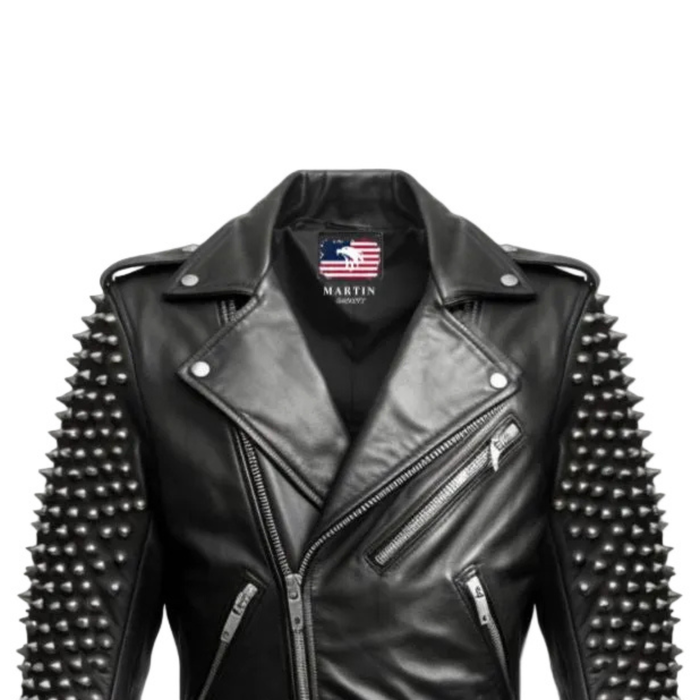 Men Black Biker Studded Leather Jacket