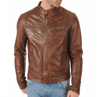 Emir Stand Collar Men's Leather Biker Jacket Brown
