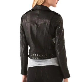 Mira Studded Biker Leather Jacket for Women with Lapel Collar Black