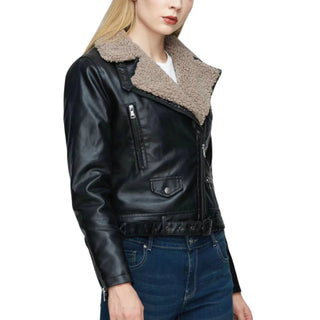 Selin Faux Shearling Biker Leather Jacket with Lapel Collar Black