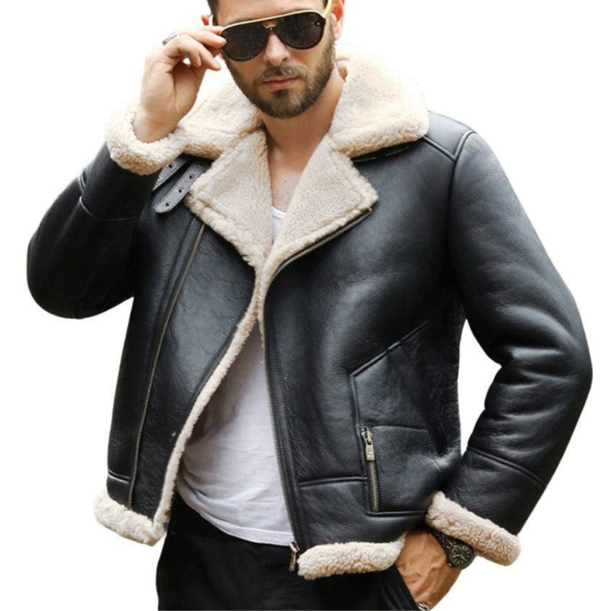 Adem Mens Leather Bomber Jacket with Faux Shearling Lining Black