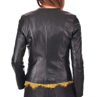 Derya Collarless Leather Biker Jacket for Women Black