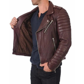 Ozan Classic Zipper Leather Biker Jacket Brown