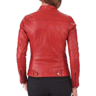 Elvan Aniline Leather Biker Jacket with Stand Collar Red