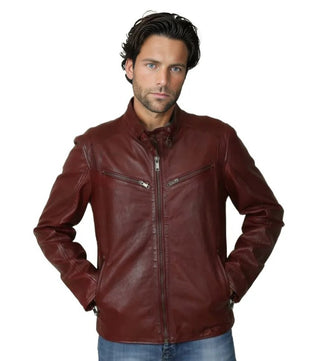 Leo Men's Genuine Leather Biker Jacket Maroon