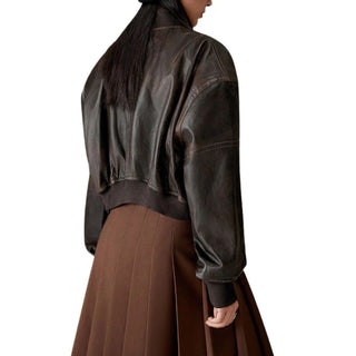Alara Zipper Leather Bomber Jacket for Women Vintage Brown