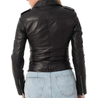 Esra Lapel Collar Leather Biker Jacket for Women.