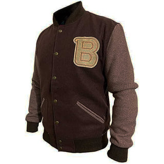 Mens B Logo Varsity Flight Bomber Brown Wool Jacket Trevor