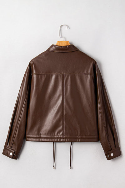 Faux Leather Drawstring Hem Jacket Women Utility Pocket Relaxed Fit