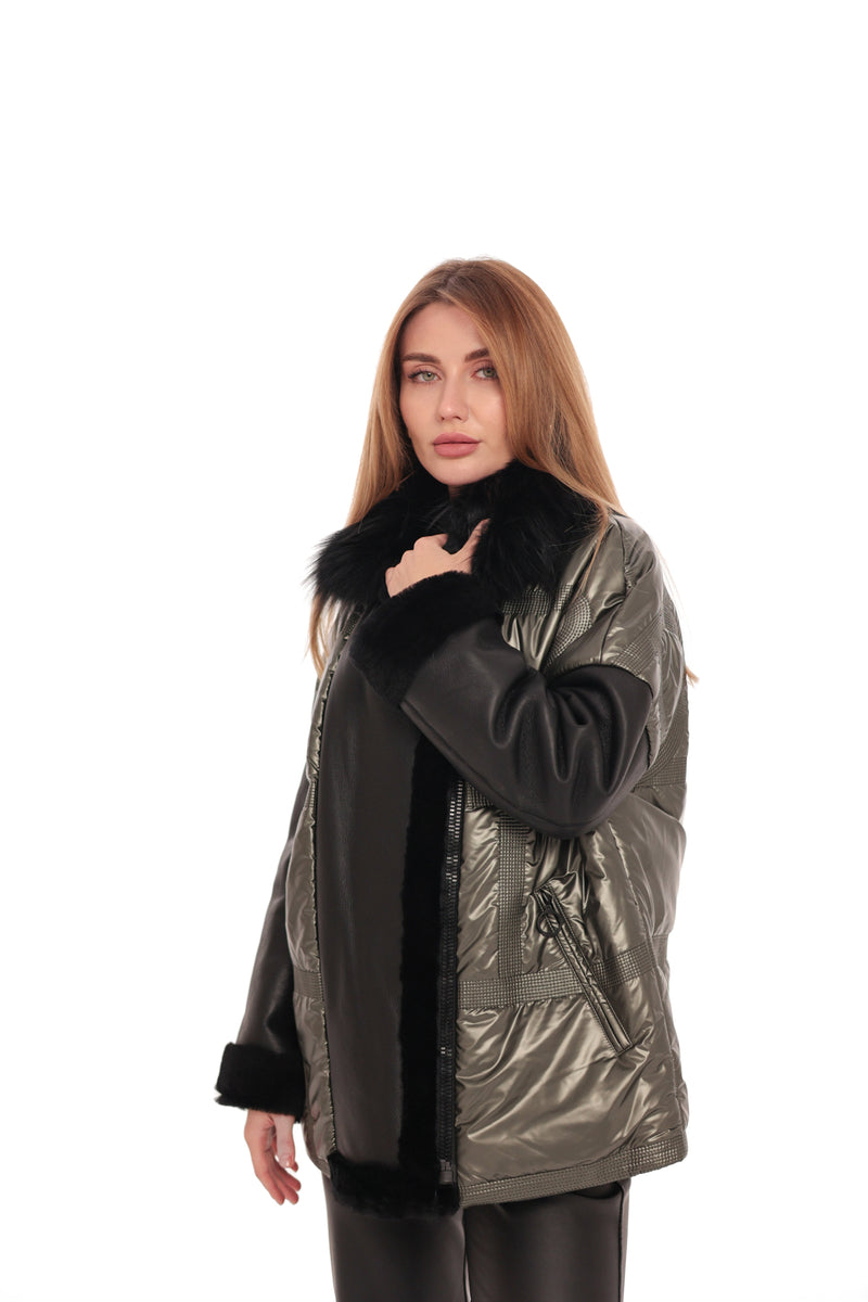 Genuine Lamb Leather Fox Fur Down Coat Olive