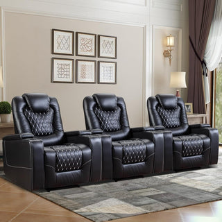 Power Recliner Chair Set of 3 – Black Leather with USB Ports & Cup Holders