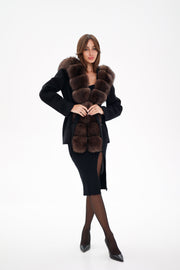 Genuine Polar Fox Fur Hooded Virgin Wool Coat