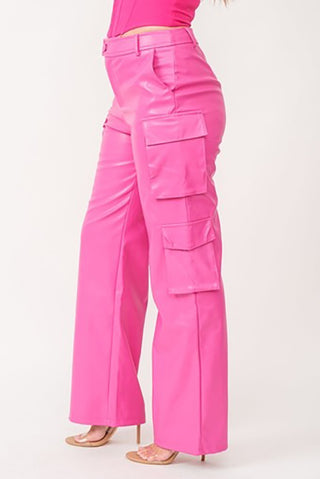 Molly Women's Genuine Leather Straight Leg Cargo Pants Pink
