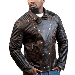 Aydin Lapel Zipper Leather Biker Jacket Brown