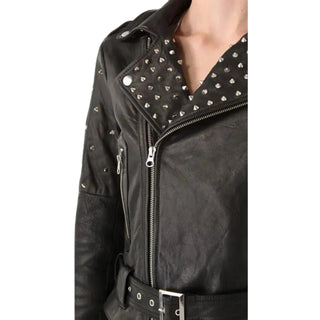 Mira Studded Biker Leather Jacket for Women with Lapel Collar Black