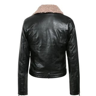 Selin Faux Shearling Biker Leather Jacket with Lapel Collar Black