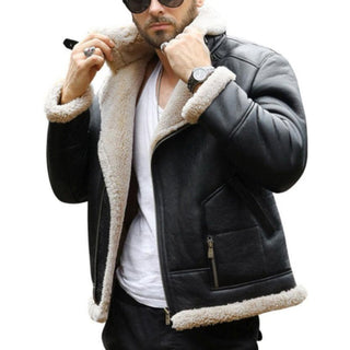 Adem Mens Leather Bomber Jacket with Faux Shearling Lining Black