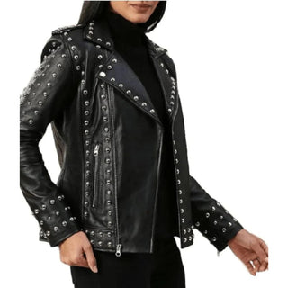 Esin Studded Biker Leather Jacket with Lapel Collar Black
